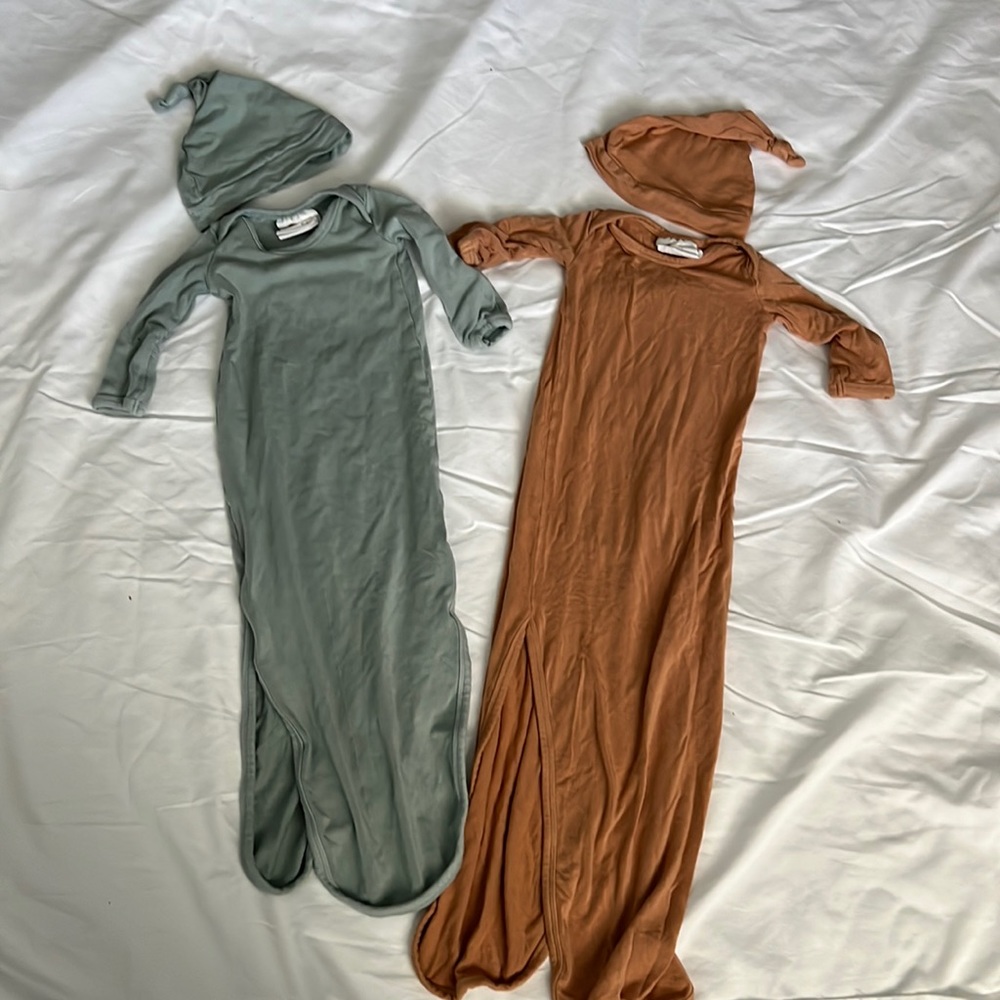 Organic Knotted Gown + Hat Sage Rust Green Orange Brown Bamboo Gown Baby Gown